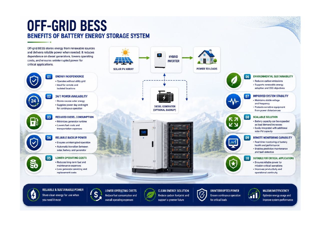 Off-grid BESS benefits and solar hybrid system diagram